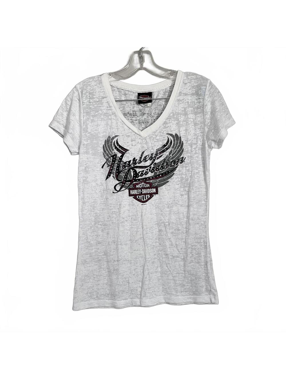 Harley Davidson White V-Neck Tee Rhinestone Studs Jamaica Graphic Women’s Large